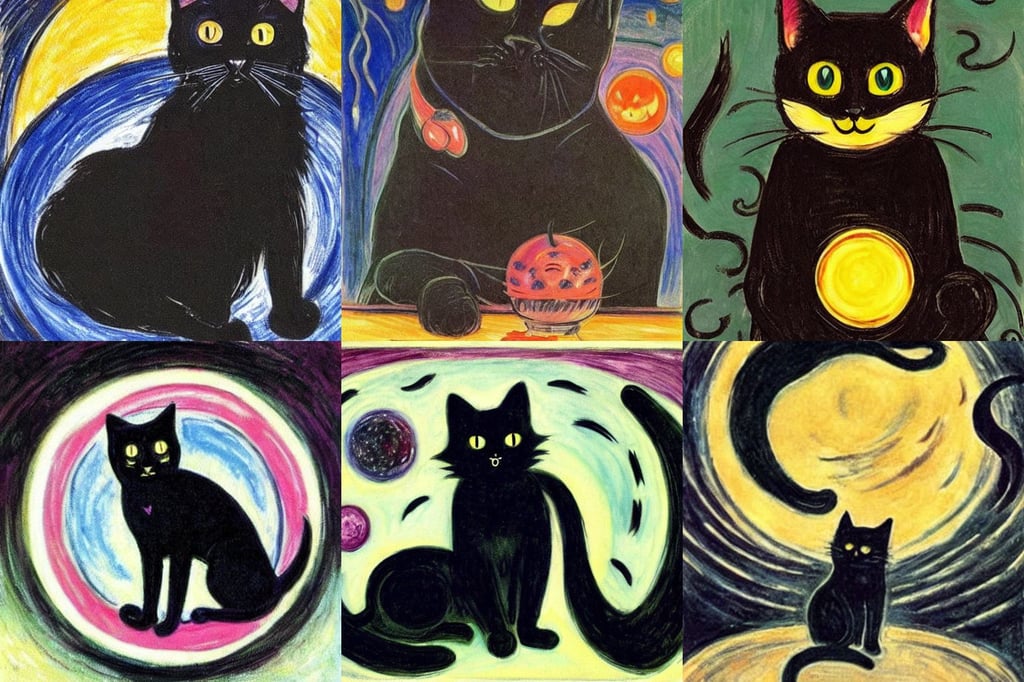 a black cat eating the universe, magic, Anime, furry, sweet, art by Edvard Munch