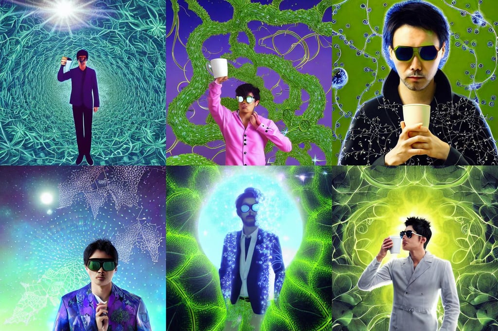 A man drinking a cup of cosmic energy bright light by Masafumi Harada, ferns and vines, nice outfit, flower fractals in the background, concorde, artstationHD, unique formations on the surface of salt crystallization, cgsociety contest winner, wearing sun glasses and black leather trench coat