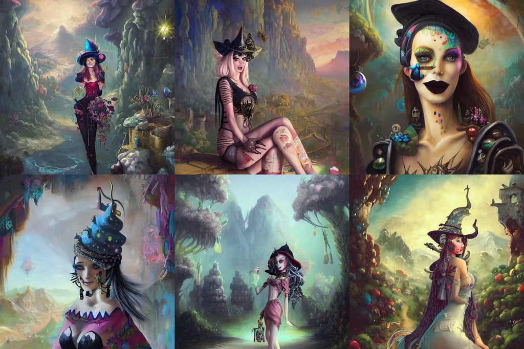 detailed painting of marbella landscape, art by Peter Mohrbacher, cave of gemstones, wearing a silly hat, grunge aesthetic!!! ( ( dystopian graffiti tag wall in background ) ), smiling sweetly, gothic eyeliner, hangar, black ponytail, sci fi fantasy intricate decadent highly - detailed digital painting, art by chloe schmid, backlit lighting