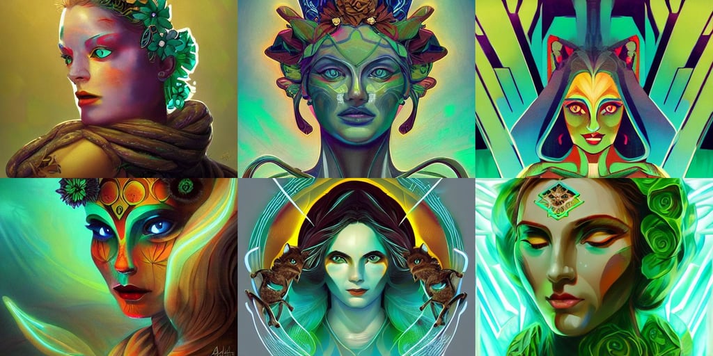 breathtaking detailed concept art painting art deco portrait of gaea goddess amalgamation flowers, gradient green cyan, opel corsa, wearing brown jedi robes, CAT, rafael albuquerque comic art, trending on artstation cgsociety, glowing geometric mandal background