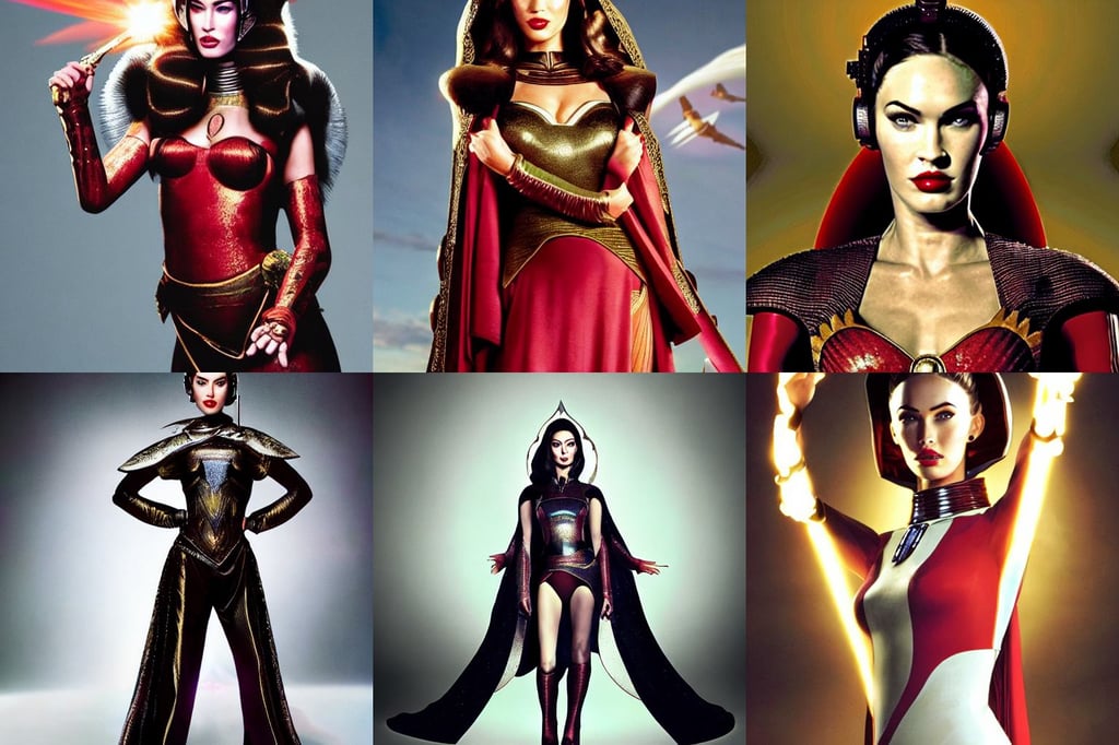 portrait of megan fox as princess amidala, glowing particulate, dynamic pose