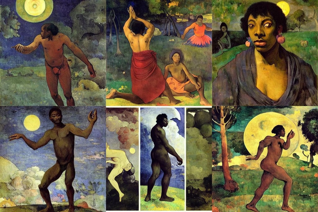 ethereal dark skinned man dancing in moonlight, whimsical, art by Paul Gauguin, art by Winslow Homer, vector illustration, art by Francisco De Goya, art by Albrecht Dürer, art by Andrea Mantegna