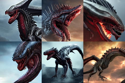 Photo of a xenomorph Drogon in Game of thrones hybrid. High detail, photrorealistic, trending on artstation, raytraced