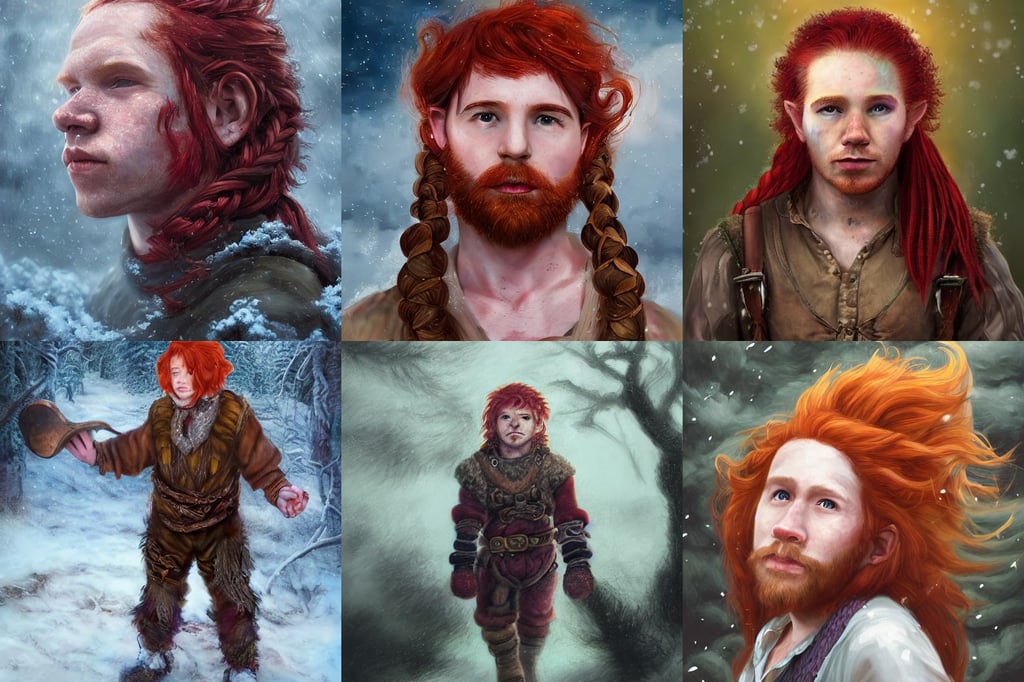 portrait art of red - haired halfling bard 1 9 year old, a man about 30 years old, by Aaron Miller, post - apocalyptic vibe, 8k highly detailed, vast cosmos, vibrant aesthetic, twisted braids, alyssa monks, harsh flash photography, a tree almost fully covered in bulky snow