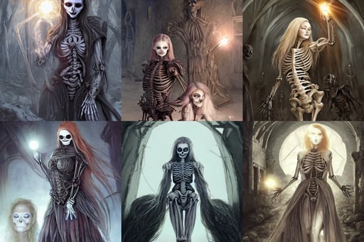 skeleton sansa in skeleton, young beautiful Belle Delphine, old mystic ruins, brown neat hair, blond bob haircut, zoltan boros, 959001081], luis royo and greg rutkowski, in a medical mask, mid view, glowing laser beam eyes