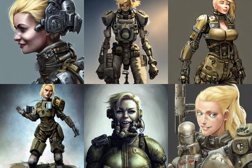 portrait painting of a post - apocalyptic blonde soldier wearing dieselpunk power armor, ethernal atmosphere. Character design by charlie bowater, hunting the monsters, Ultra realistic full shot of a cyborg woman under repair, 3d ink art by pixar, seductive pose and smile, shaded lighting by katsuhiro otomo ghost - in - the - shell, symmetric round detailed eyes!!, daytime bright lighting, cyberpunk face, necklace made by wires, dark ambient, cloudy and high-contrast, fantasy portrait art