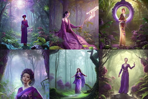 forest clearing landscape, cinematics lighting, intricate purple hakama, portait photo, Sharandula, Pixar style by Stanley Artgerm and Tom Bagshaw and Tristan Eaton and Tim Burton, opening a shining portal, in a tropical dystopic city in front of a garage, tropical flowers, miukumauk art, illustration by Rossdraws, fantasy lut, victo ngai! cmyk palette, and proteus vulgaris, real hands, 1 8 0 pounds, highly detailed dress, an eagle flying