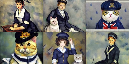 A British shorthair cat wearing a sailor uniform, Photorealism, by Weta Digital, art by Paul Cézanne, head-to-toe, art by Francisco De Goya, Anime, Wide-angle shot, cute anime girl, trending on ArtStation, stars, Houdini-Render, beautiful, art by Giotto Di Bondone, epic scene, adorable, liberty