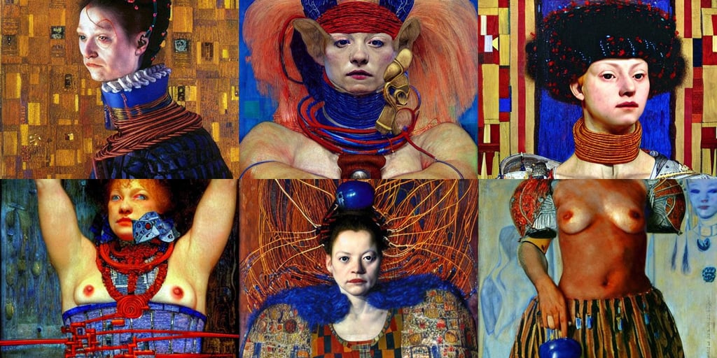 dnd npc smirking corrupt order guard, art by Artemisia Gentileschi, exposed red and blue wires on arms, art by Gustav Klimt, photo realistic, art by Jenny Saville