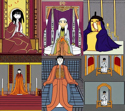 Xie Lian didn't know wether to laugh or cry, flat colour, regal throne room, lou romano color scheme