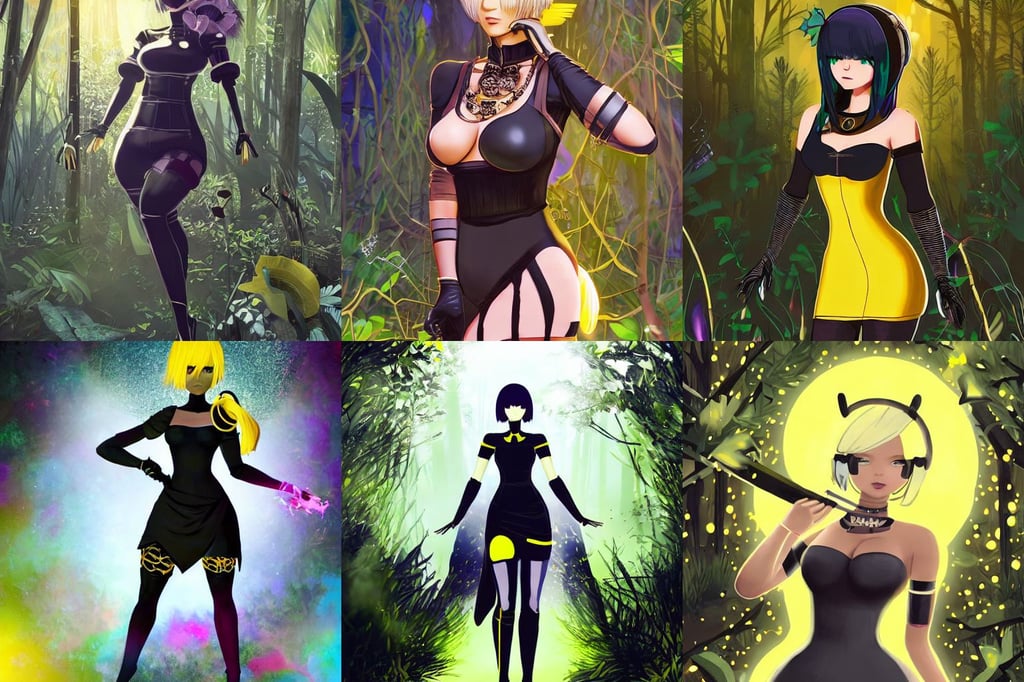 full body portrait of 2 b nier automata wearing a skintight dress in a forest, some dust in the air, shiny, danilo torres, tiara with sapphire, African Warrior God of Craftsmen and Hunters, a beautiful face, and yellow. As you walk inside, colorful rave makeup, victorian, black paint