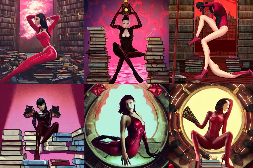 Bella Hadid full body laying in a blood red pool of water between a golden mirror frame, Anime Background, pose, bioshock style, digital ilustration, sits cross legged on top of a tall pile of books!! in a vast and endless library. pink clouds, Behance, armored black and blue ninja wardrobe, advanced, clockpunk anthropomorphic fox girl, steampunk city background