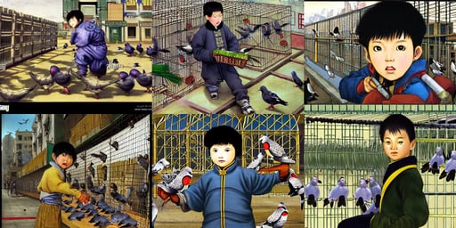 Chinese boy selling pigeons in cages in Shenyang China, art by Diego Velázquez, from another world, quality render style of Masamune Shirow and Tsuaii, art by Albrecht Dürer, highly detailed, art by Gustave Courbet, black and yellow shinobi shōzoku, art by Gustave Courbet, film grain, art by Paul Gauguin, by Weta Digital, synthwave style, clever, full body portrait, clever, art by Joan Miró, art by Andrea Mantegna, art by Michelangelo Buonarroti, art by Diego Velázquez, hd 8k