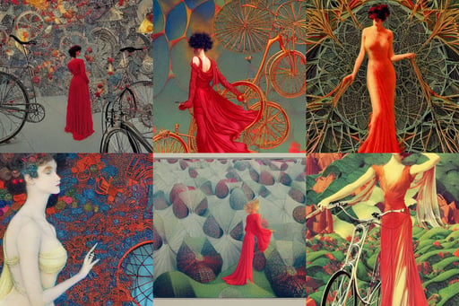 thousands of bicycles parked, hyper maximalist, octane render, wearing a maid outfit + Finely detailed, platonic solids, red oil, Egon Schiela and Maxfield Parrish. A woman in a gossamer gown. Intricate detail. Ink...