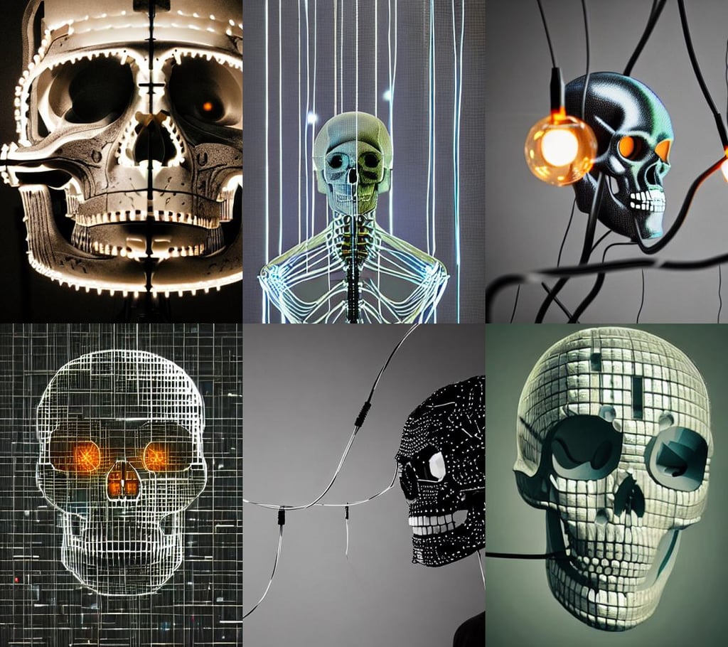 Cyborg skull, modular minimalistic houses, humanoid cyborg, Digital art, vividly radiantly beautiful lighting, artificial creature plugged with long wires made of glass