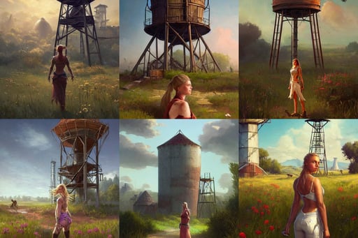 portrait of a woman by greg rutkowski, League of Legends amazing splashscreen artwork, hi resolution, archviz, tanned woman in a prehistoric outfit, polaroid, farmhouse with a rusty water tower in a flower field by scott listfield and gregory crewdson, britney spears