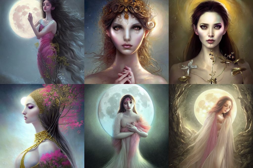 beauty woman wrapped in white and gold, giant pink full moon, art by marcela bolivar, epic concept art