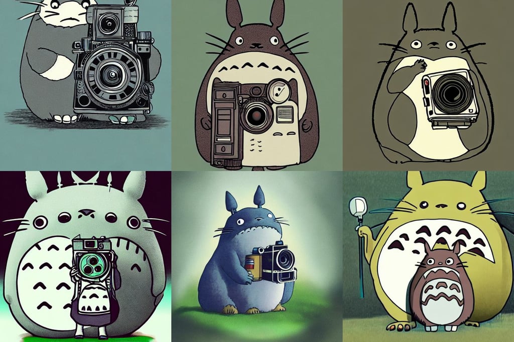 illustration of totoro holding a large film camera, spectacular, award winning digital art, detailed perfect face