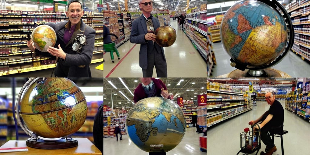 a majestic steampunk alchemist spinning globe, ((in a super market Costco)), norman rockwell extremely coherent, stunning nature in background