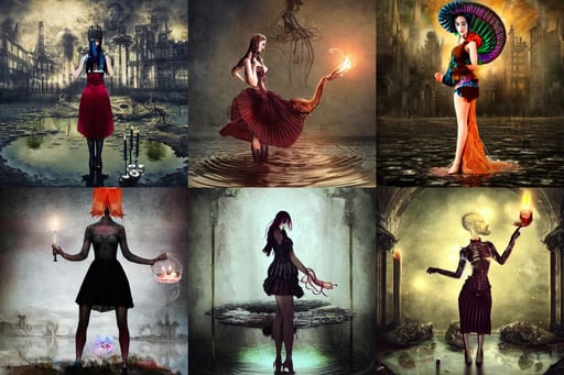 shot from over the shoulder third person perspective, concept art collage, jellyfish phoenix head, risque fashion, pleated miniskirt, heavily muscled anthropomorphic capybara, apocalyptic architecture, standing in a pond, wearing dark velvet victorian dress, floating candles, by cameron gray