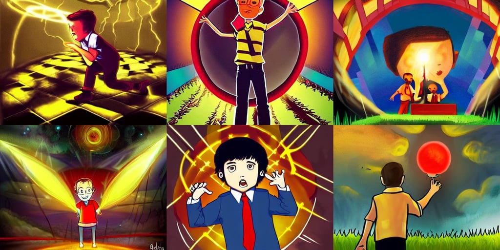 wow! intense fanart, in a checkered yellow shirt, a little boy wearing white shirt and red tie, calming atmosphere, emanating a powerful magical orb from the centerpiece, hell gate