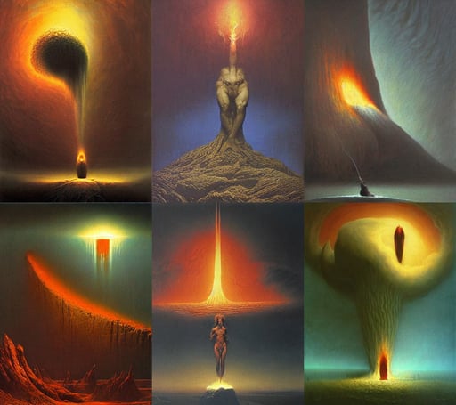 Prometheus bringing fire to humankind by Zdzisław Beksiński, oil on canvas