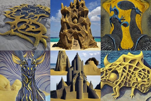 sand castle in fluid art, lizardscaled lattice buildings smeared in mercury are designed by iris van herpen, art by Paul Gauguin, art by Paolo Uccello, intricate devil goat chimaera realistic, black and yellow shinobi shōzoku, opalesence, ...