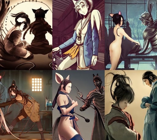 girl with cat ears in a biology lab, style sekiro, back pose, her hair flowing down, the woman is leaning against the man, Salvador Dali., intricate futuristic jewelry, portrait of grace kelly, pretty anime girl in bikini