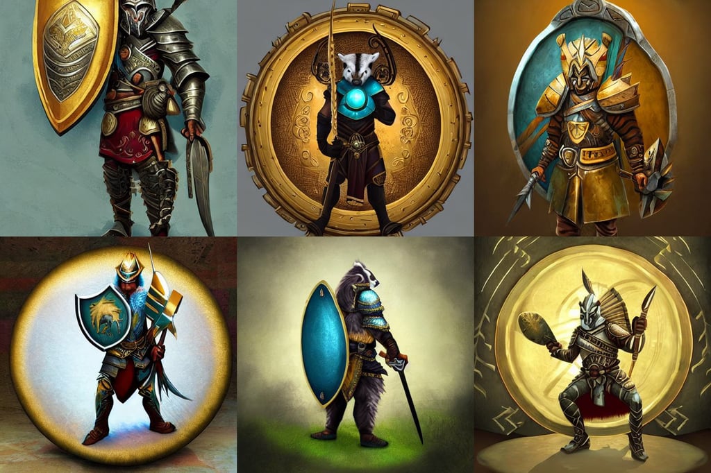 Badger Warrior holding huge shield, epic art, baby figure, magic world, golden and teal color palette, environmental artwork