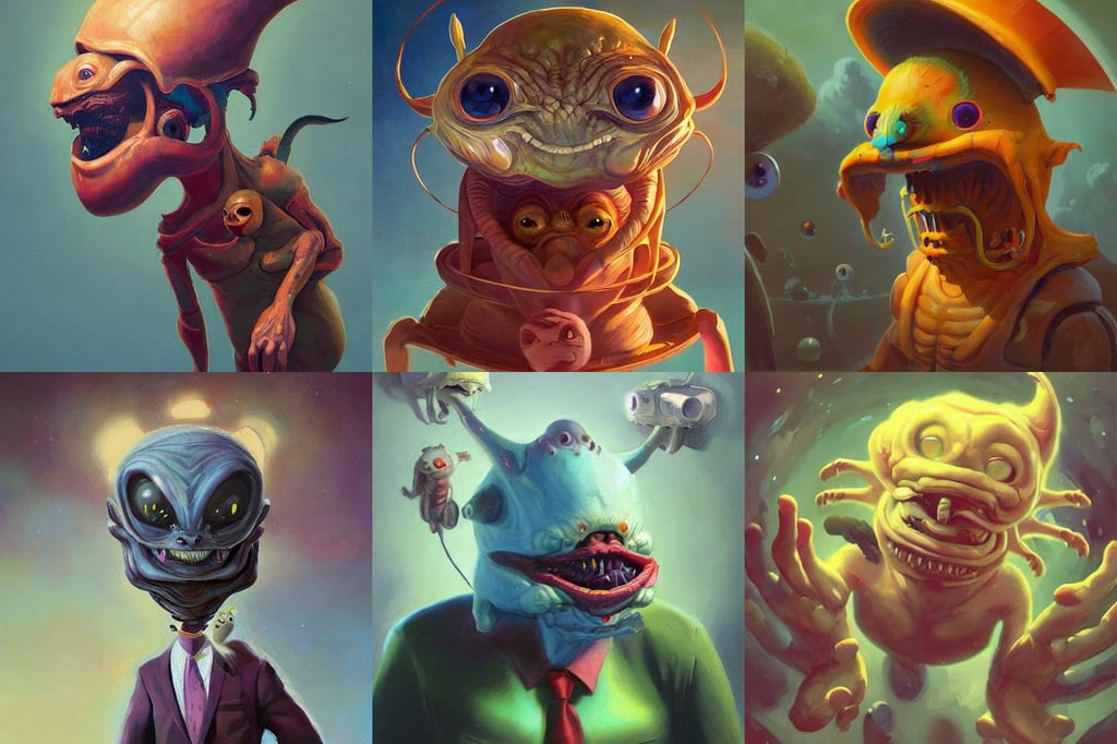 Cute alien animals playing with each other, oil painting, first person view, hellish, sylvain sarrailh, her whole head fits in the frame, in the style of Francis Bacon and Syd Mead and Norman Rockwell and Beksinski, detailed attributes and atmosphere, necktie, young adult, fragile looking character, Tahm Kench league of legends character