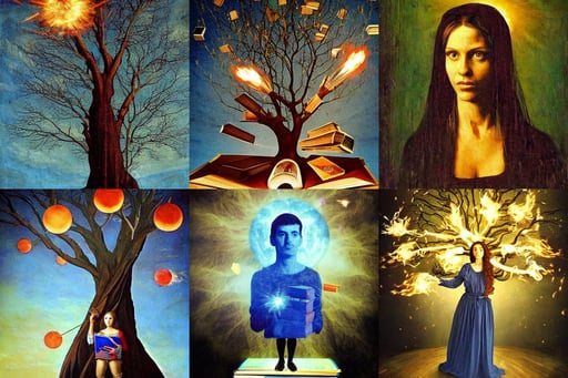 a tree, portait photo profile picture, renaissance painting by vincent di fate, filled with books, a young adult female magician with fireballs in hand and a blue magic lighting aurea overlay