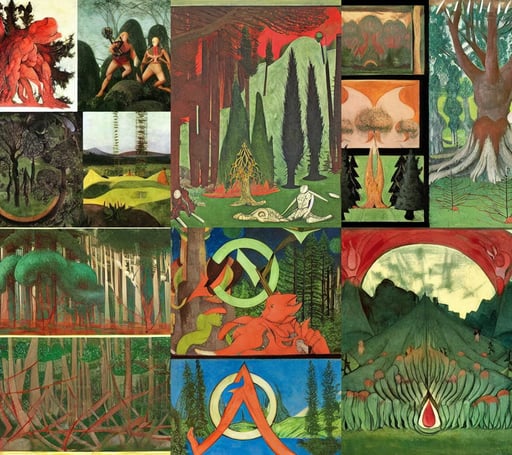 an adventuring party battles a ferocious monster, forest with symmetrical trees in the background, deviantart, red, art by Paolo Uccello, art by Hilma Af Klint, art by Andrea Mantegna, geco maori, art by Michelangelo Buonarroti, art by Winslow Homer, St..., art by Marcel Duchamp, art by Claude Monet, happy, red, art by Diego Velázquez