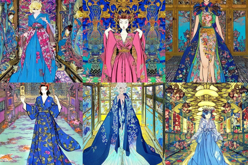 beautiful girl in intricate clothing walking through a hallway of mirrors, art by Ayami Kojima, flower tiara, good vs evil, blue robes, holding koi fish in palace. Incredible light. Illustration. light night, sunglasses implants, comic, concept art by feng zhu, forbidden planet 1 9 5 6