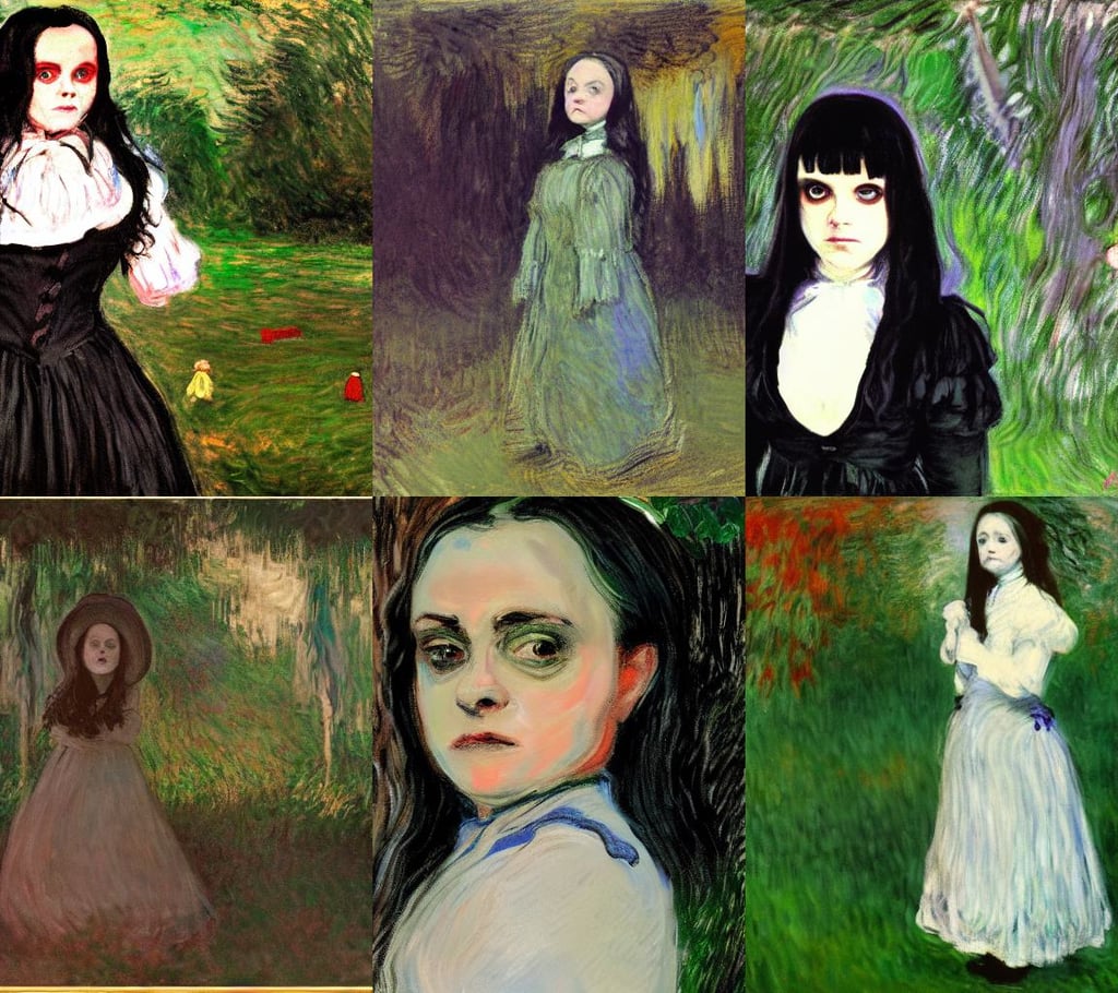 Christina ricci as Wednesday Adams, art by Claude Monet, fullbody, art by Francis Bacon, outerspace, High detail + Sony Alpha α7, art by Francisco De Goya, CHINESE ink, Variated Greenery