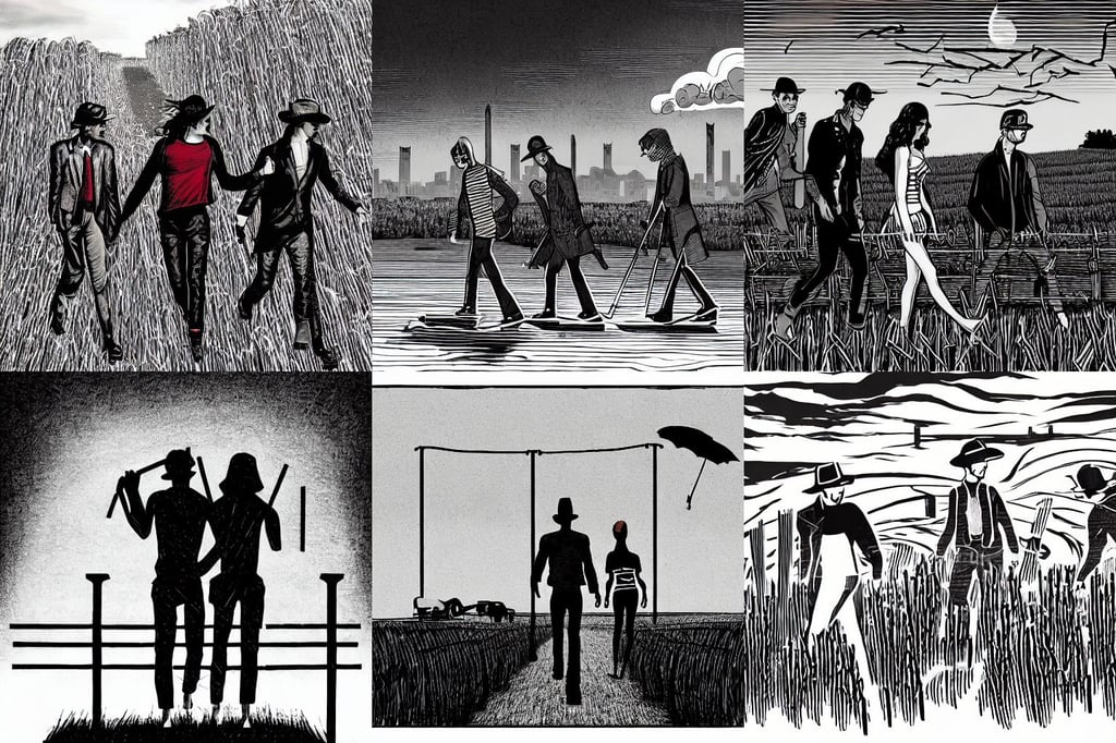 ultra realistic illustration of three young friends walking on rails through the fields of hay, water wings, noir art house, in style of noir illustration. colorful comic, cinematographic, matt black / little red color armor in ruined agora of athens, he is smoking a cigarette, by ansel adams, and earth