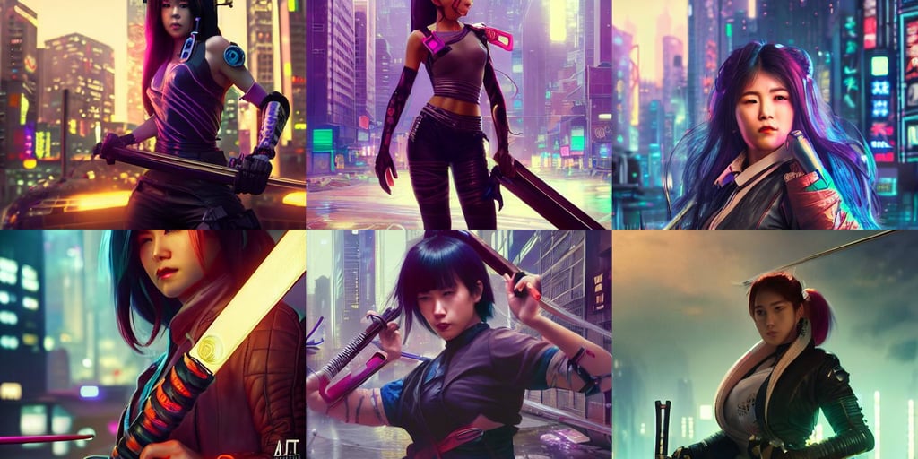 A portrait of a female ronnin, wielding a Katana, in the middle of a neon cyberpunk city, ultra detailed, 8k, octane render, global illumination, highly detailed, 8 creation, concept art, art by wlop, artgerm, greg rutkowski and alphonse mucha, trending on artstation, unreal engine