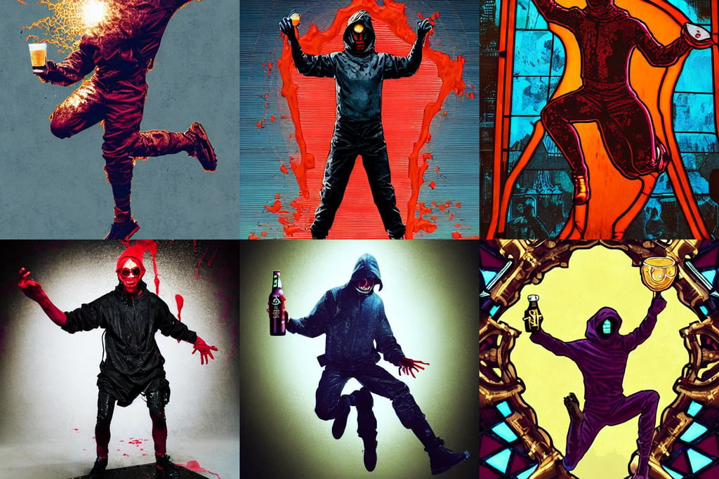 techwear occultist, leaping!!!!!, his body covered in tomato sauce. He is holding a beer. portrait, by marvel comics, shadows, revealing outfit, hyper detailed gold stained glass windows, photolab, kids character, 1616, gradient white to cyan, Violet evergarden, post process, bathing in light, unreal engine trending on artstation, in my hero academia, from Metal Gear