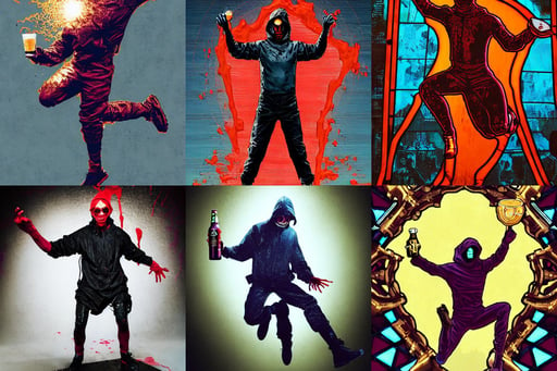 techwear occultist, leaping!!!!!, his body covered in tomato sauce. He is holding a beer. portrait, by marvel comics, shadows, revealing outfit, hyper detailed gold stained glass windows, photolab, kids character, 1616, gradient white to cyan, Violet evergarden, post process, bathing in light, unreal engine trending on artstation, in my hero academia, from Metal Gear