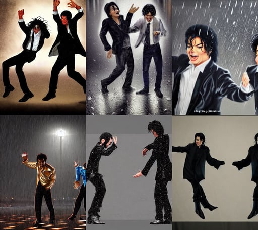 Michael Jackson & Michael Mcintyre dancing in front of a crowd, iron jewelry, Tomasz Jedruszek and Jakub Różalski, in ruined Agora of Athens rainy night, reality, patch over left eye, gloomy atmosphere. trending on artstation