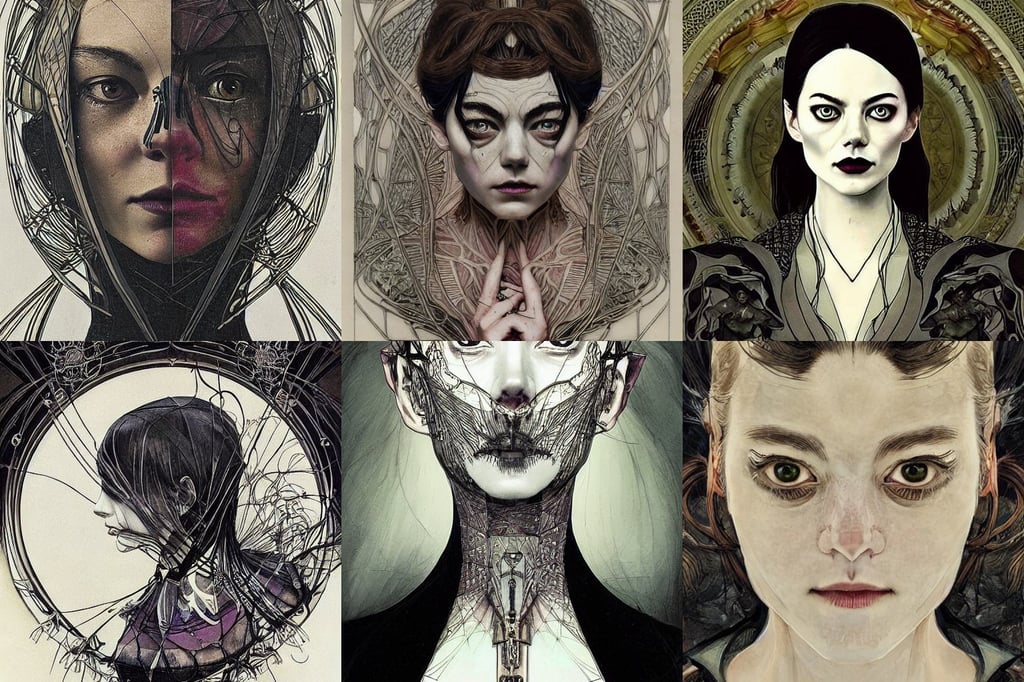 symmetry!! stunning portrait of a victorian era person, ultra facial detail, tsutomu nihei, alsphonse mucha, mixture of Emma Stone and Ryan Gosling as a dark witch