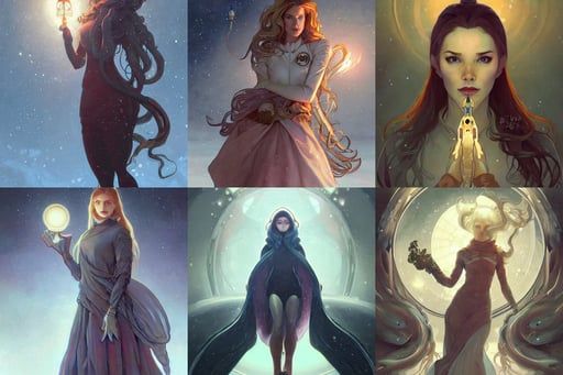 portrait of a woman squid monster astronaut, art by artgerm and michael welan, winter Atmosphere. Character design by charlie bowater, by james gurney wlop, Artem Demura and Alphonse Mucha, epic background, beautiful lit lamps