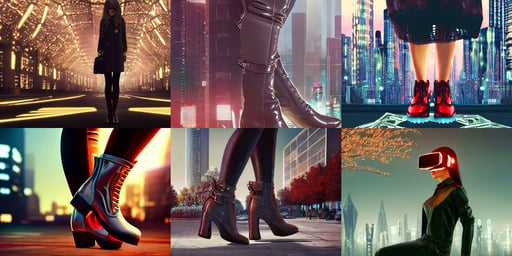 close - up of a walking woman's leather boots, lovely delicate face, real skin beneath, clothed non - nude portrait, background sprawling futuristic cityscape with glowing lights. arch viz, detailed trees in bloom, holding bags of money, red VR goggles, Lim Chuan Shin