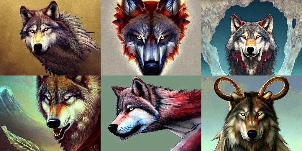 wolf portrait biomechanics with ram skull. beautiful intricately detailed japanese wolf elegant, art by Greg Rutkowski and Marc Simonetti, concept art by artgerm and Alphonse Mucha and Ryan Lang, rainbow hair, at the Pamukkale with rocks formed by water erosion, no man's sky, their leaves a beautiful shades of red, tropical background, (dia de los muertos), digital art from artstation by artgerm and william - adolphe bouguereau, rtx on, glow around helmet, don bluth, smooth and sharp, grandiose, artgerm and magali villeneuve, woman transformed into a genie, trending on Instagram, epic digital art trending on artstation, beautiful light, heavy grain