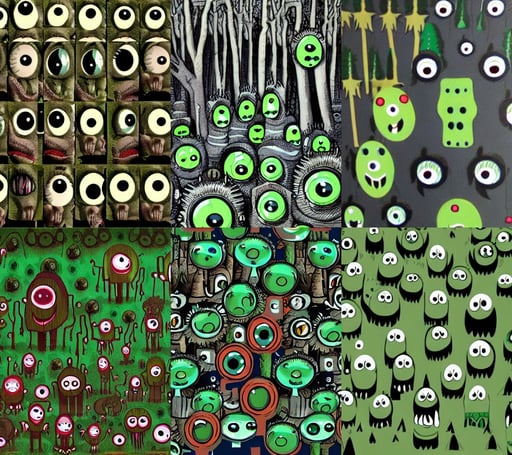 a forest of monsters and eyeballs