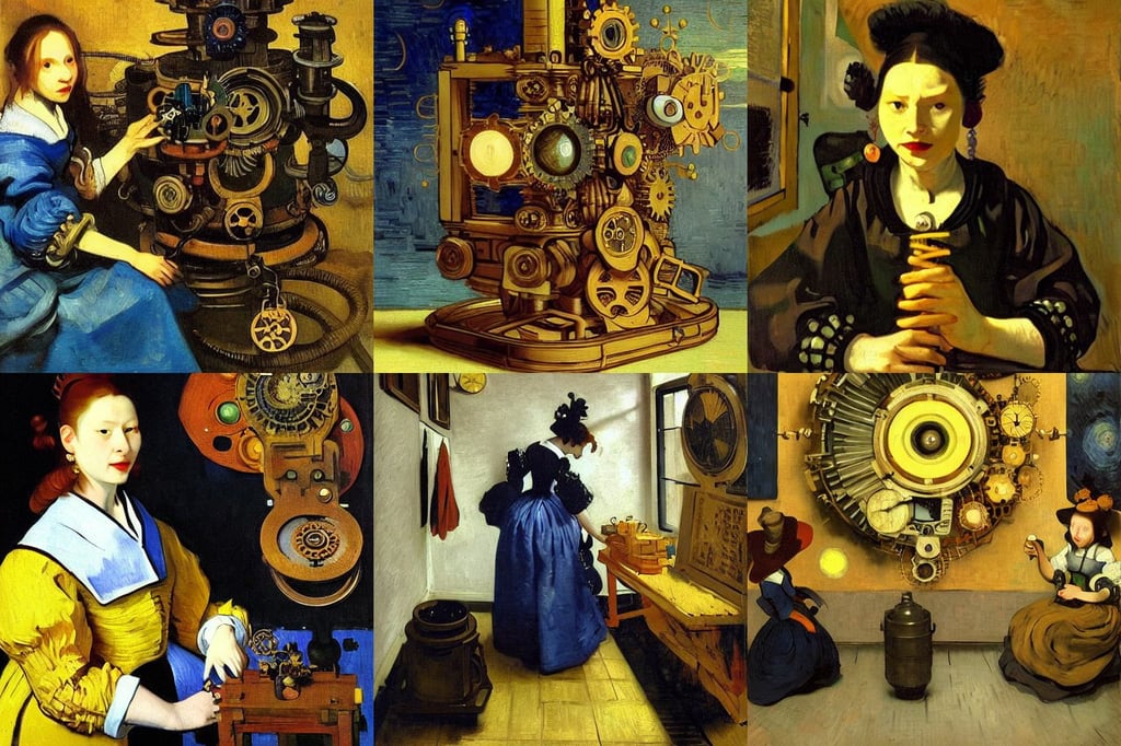 The Steampunk Fusion Reactor, art by Johannes Vermeer, adorable, Animation Concep..., art by Vincent Van Gogh, black, character design, by Wētā FX, intelligent, cinematic, art by Édouard Manet, art by Artemisia Gentileschi