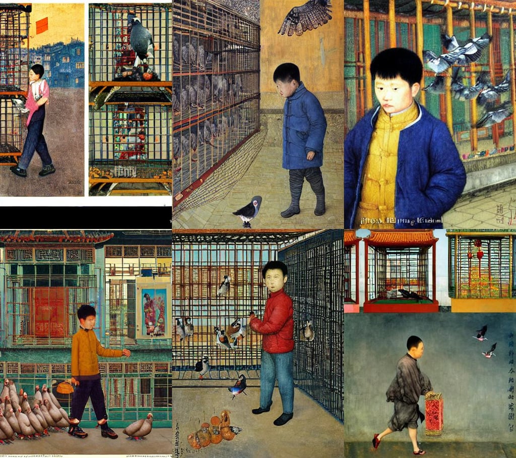 Chinese boy selling pigeons in cages in Shenyang China, walking on the moon, art by Gustav Klimt, book ilustration, art by Magdalena Carmen Frida Kahlo Claderón, art by Giotto Di Bondone, art by Nicolas Poussin, dreamy, art by Joseph-mallord William Turner, setting concept:4, art by Wassily Kandinsky