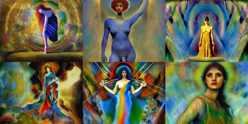 Full body portrait of the Greek Goddess of Nature, bleu, art by Gerhard Richter, Old Building, by Wētā FX, art by Rembrandt Van Rijn, bill henson style, art by Wassily Kandinsky - Photo, Animation Concep...