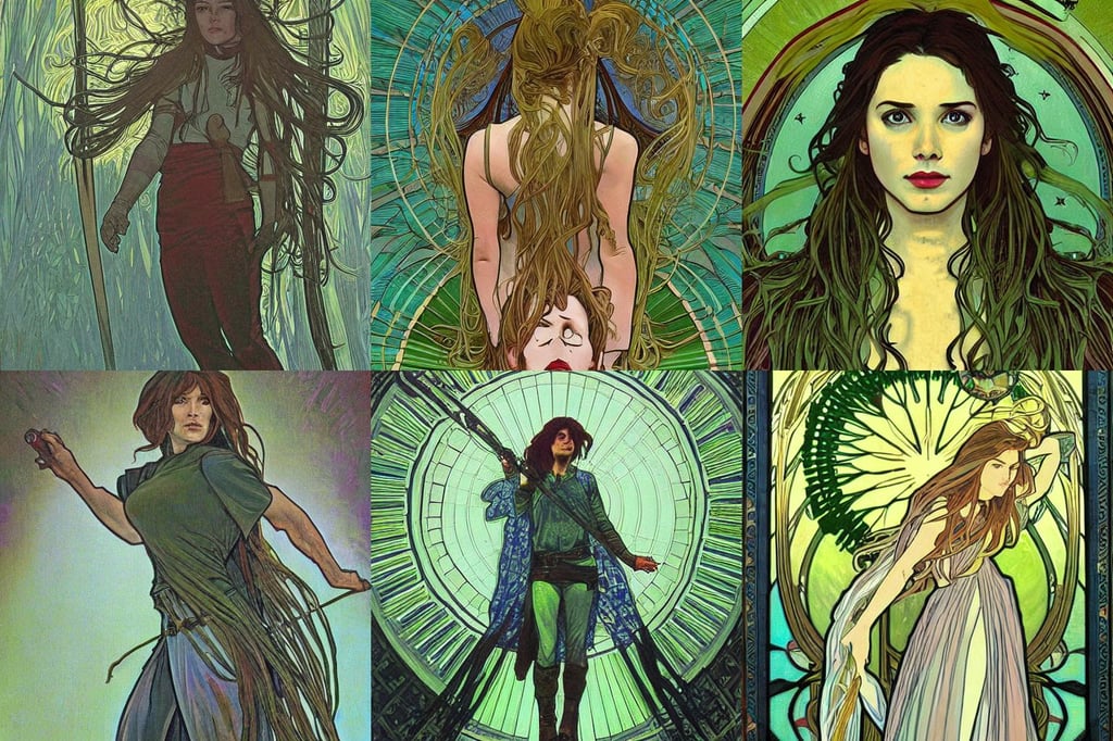 symmetrical - photo!! low - angle!! painting of a shooting star, hair down to waist, the walking dead, moss green mist, highly detailed epic, by shaun berke and alphonse mucha