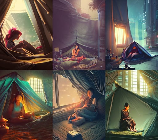 full portrait of asian mage traveller resting at her tent. intricate, cyberpunk art by mike beeple winkelmann, inspired by victorian england and amsterdam