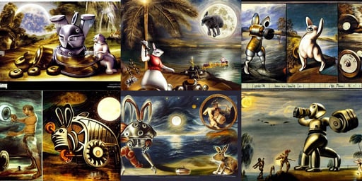 steel rabbit robot is raising a dumbbells, busy, Animation Concept Ar..., moon, along the lake, geco maori, Cinematic, mexico, stars, art by Sir Peter Paul Rubens